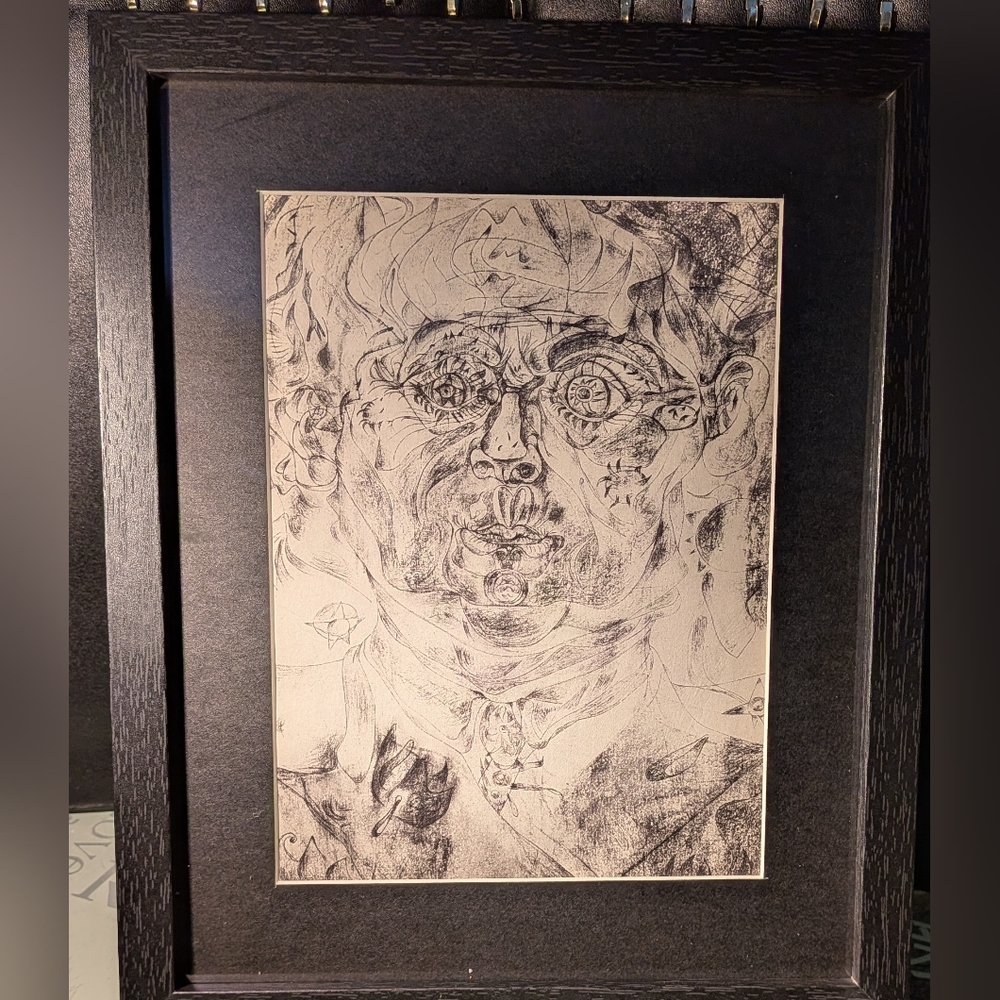 Framed Black and White Sketch By Joan Miro "Self Portrait" Reprint